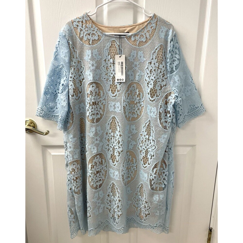 Boohoo Ice Blue Lace Overlay Shift Dress with Nude Lining